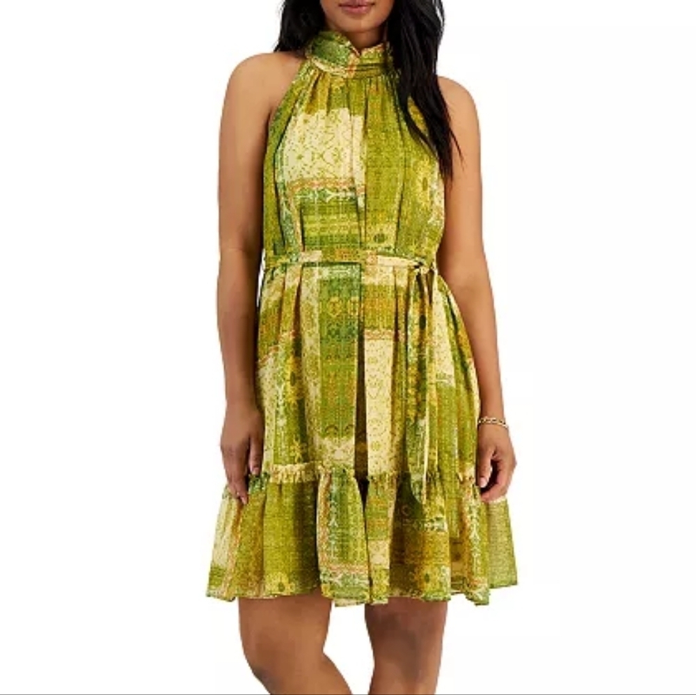 Taylor Green Gold Metallic Halter A-Line Dress Petite Party Brunch Size 10P